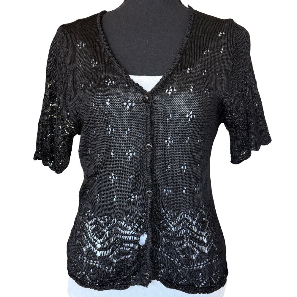 Vintage 90s Wrapper Black Short Sleeve Crochet Button Front Cardigan - Size M